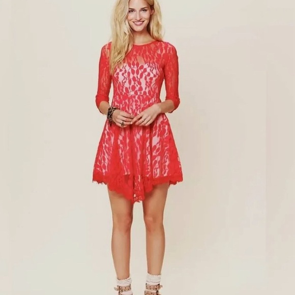 Free People, size 6, red floral mesh lace, fit and flare dress - Picture 1 of 13